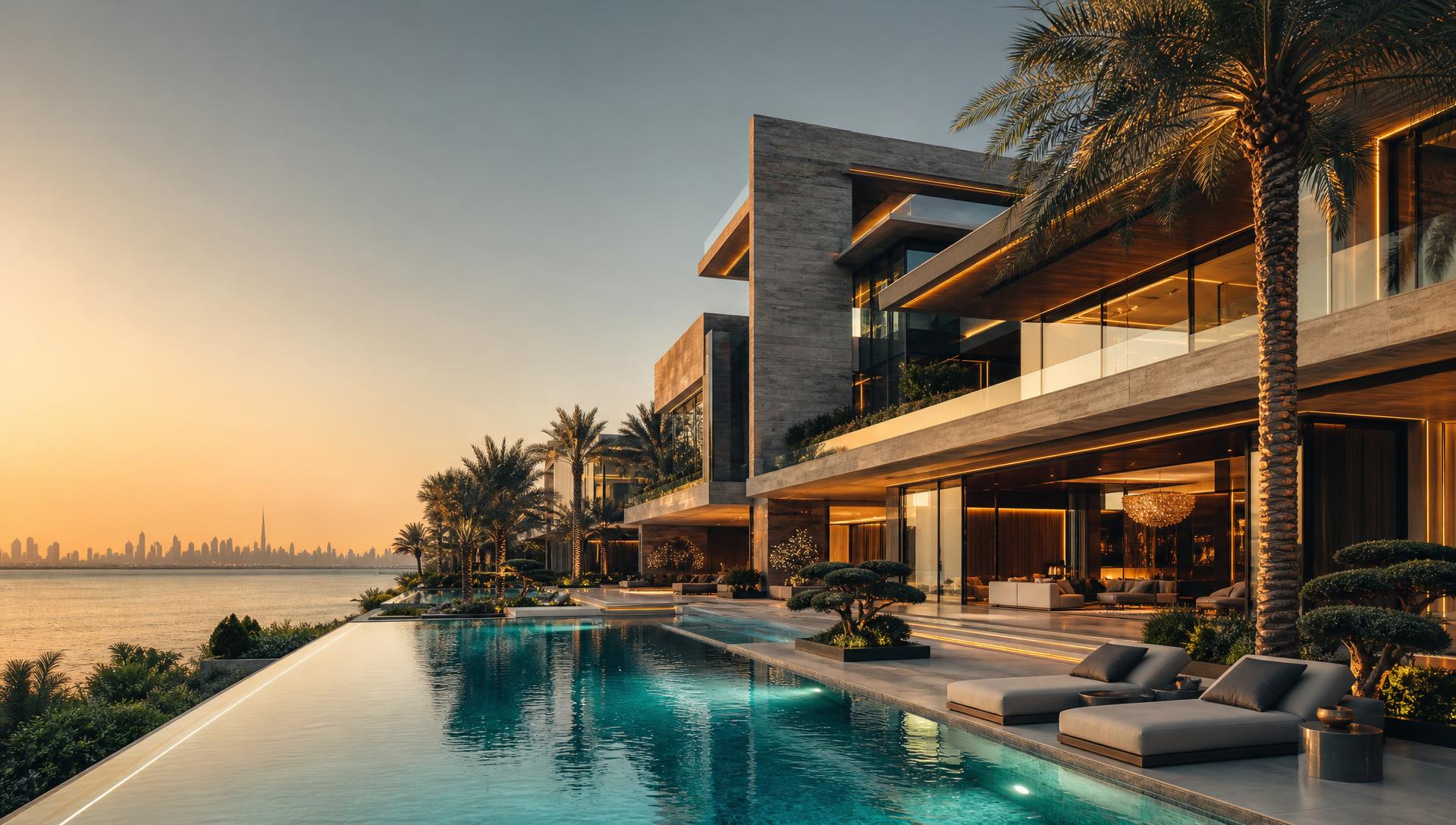 Golden-hour view of a contemporary UAE waterfront residence with an infinity pool and illuminated interiors